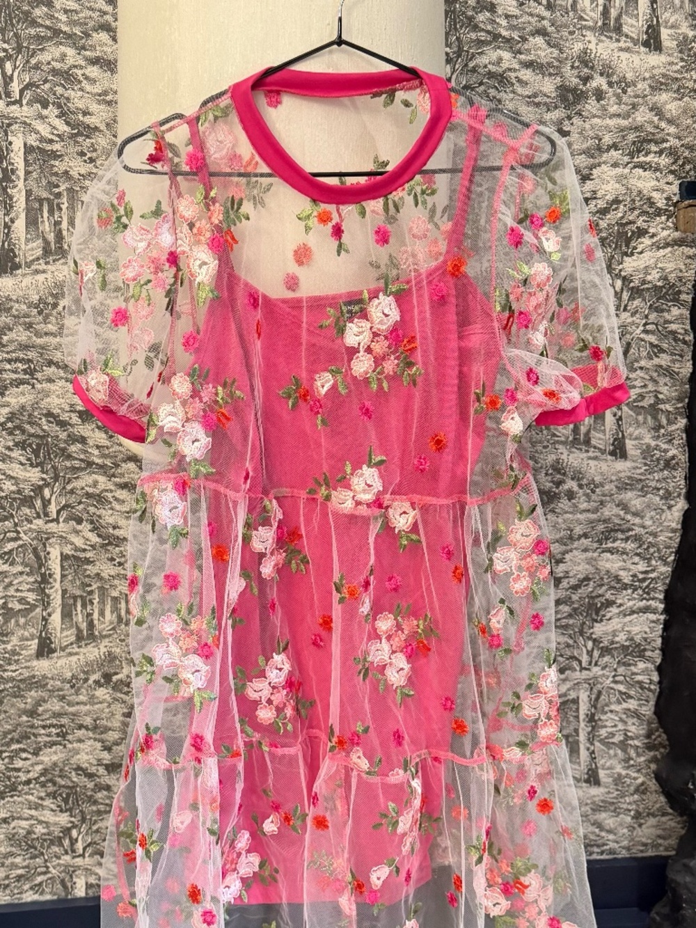 Sheer Floral Embroidered Babydoll Top – Pink Mesh Overlay – Size L